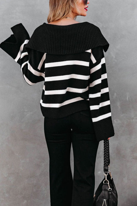 Striped Johnny Collar Long Sleeve Sweater | Hanalas