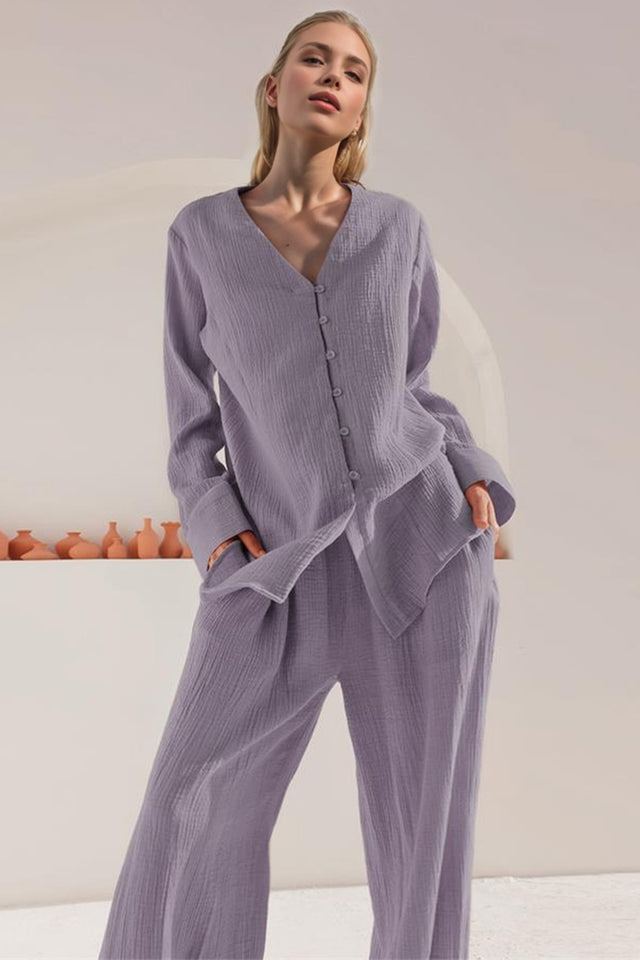 Basic Bae Buttery-Soft V-Neck Long Sleeve Top and Pants Set | Hanalas