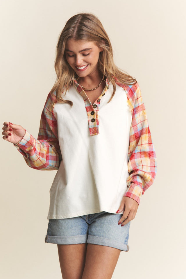 J.NNA Plaid Contrast Button Down Henley Top | Hanalas