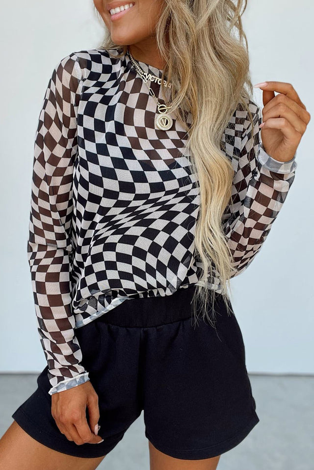 Checkered Mock Neck Long Sleeve Blouse | Hanalas