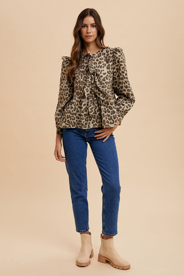 Annie Wear Tied Leopard Round Neck Peplum Blouse | Hanalas