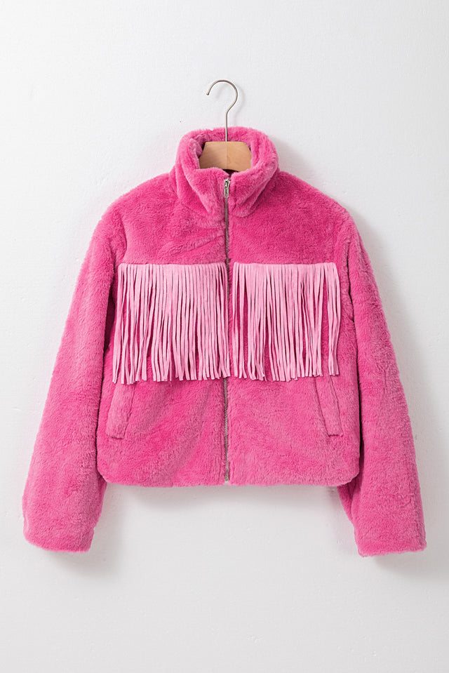 Fringed Zip Up Fleece Jacket | Hanalas