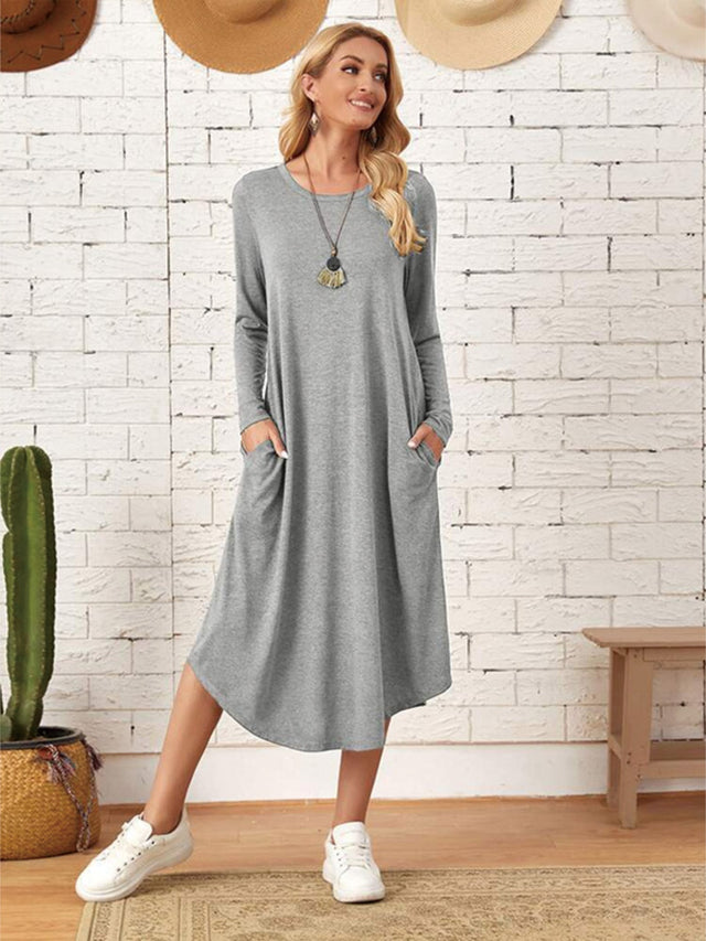 Pocketed Round Neck Long Sleeve Tee Dress - Hanalas