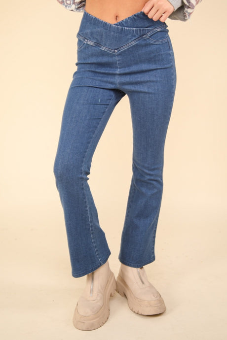 VERY J Washed Denim Stretchy Crossover Waist Leggings | Hanalas