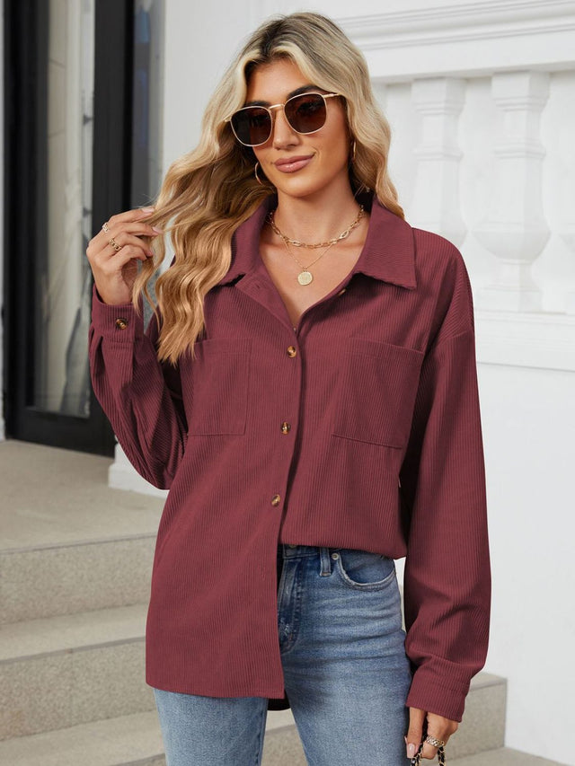 Button Up Long Sleeve Shirt with Breast Pockets Trendsi Hanalas