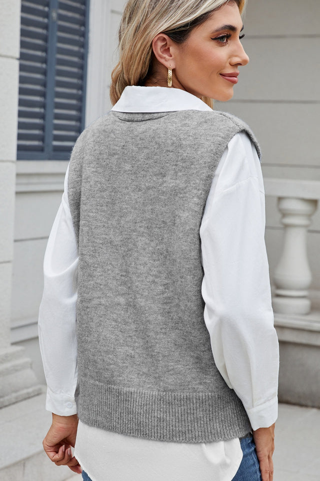 Button Down V-Neck Sweater Vest | Hanalas