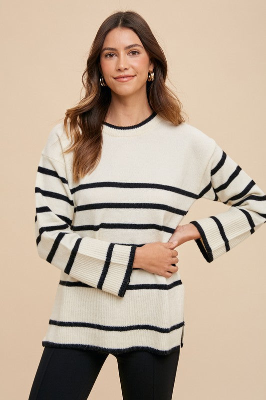 Annie Wear Side Slit Striped Round Neck Sweater | Hanalas