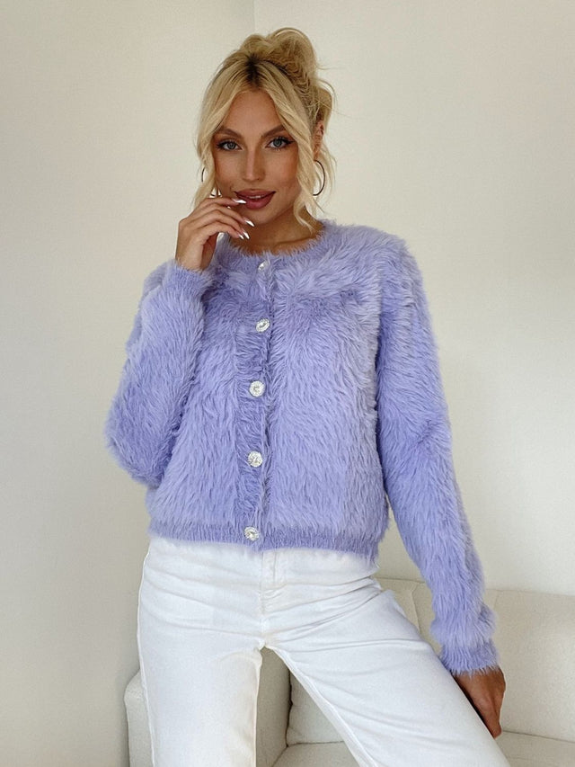 Button Down Long Sleeve Fuzzy Cardigan | Hanalas