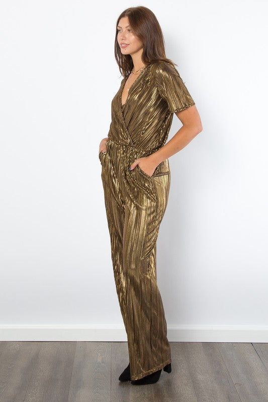 Be Stage Surplice Short Sleeve Pleated Foil Jumpsuit | Hanalas