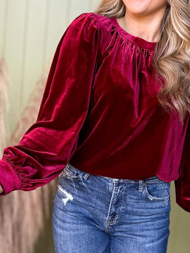 Ruched Round Neck Long Sleeve Blouse | Hanalas