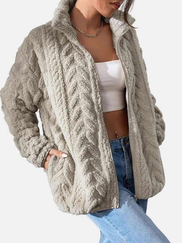 Fuzzy Zip Up Long Sleeve Jacket | Hanalas