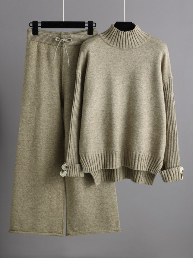 Basic Bae High- Low Turtleneck Long Sleeve Top and Pants Sweater Set Trendsi Hanalas