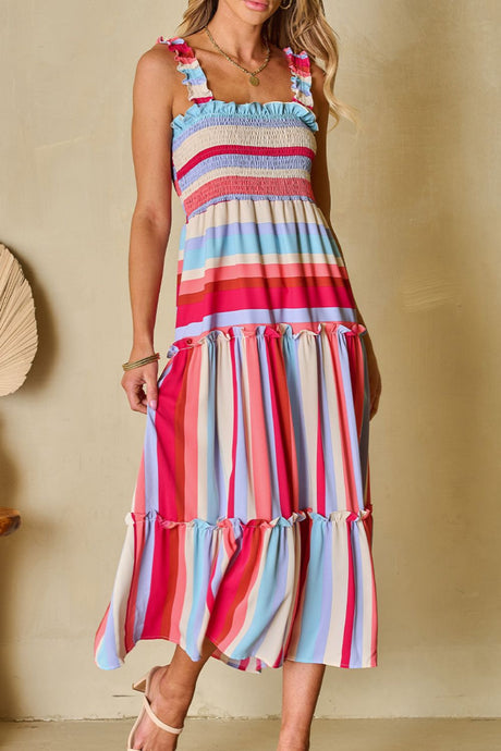 Contrast Stripe Wide Strap Smocked Tiered Dress | Hanalas