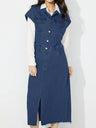 Slit Half Button Collared Neck Cap Sleeve Denim Dress Trendsi Hanalas