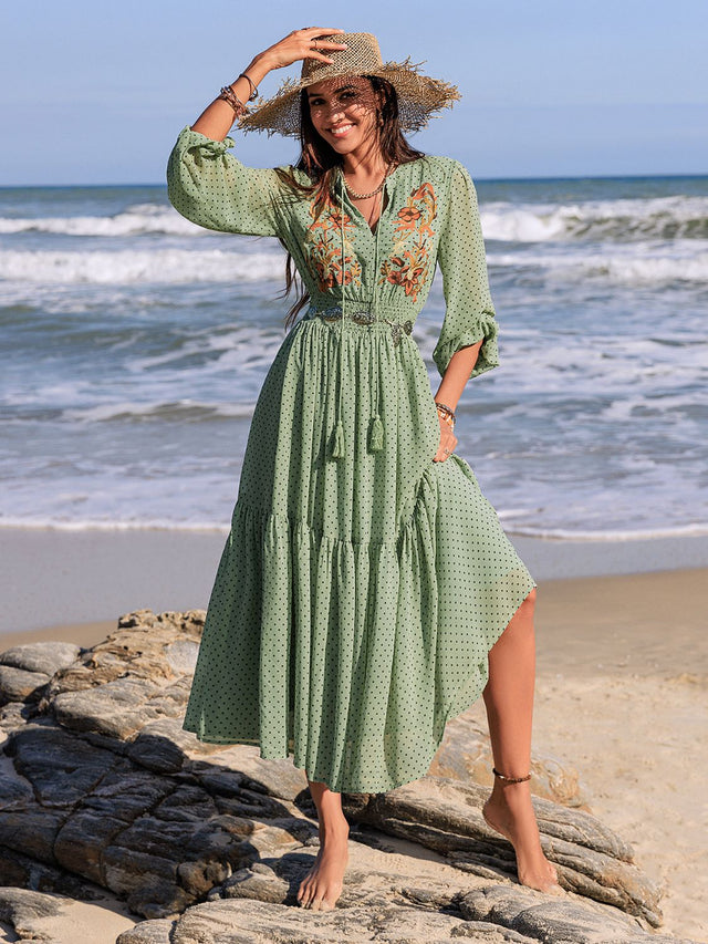 Embroidered Polka Dot Tie Neck Long Sleeve Midi Dress Trendsi Hanalas