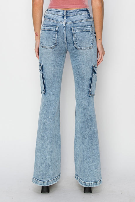 RISEN Full Size High Rise Cargo Flare Jeans | Hanalas