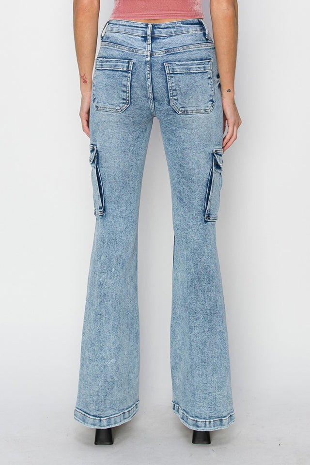 RISEN Full Size High Rise Cargo Flare Jeans | Hanalas