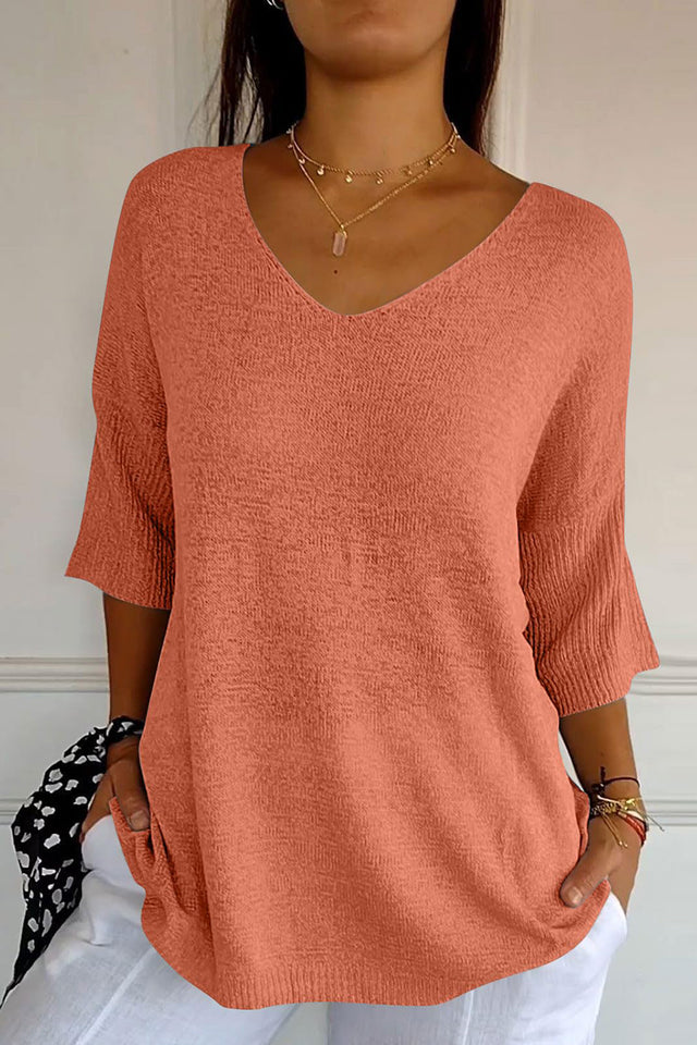 V-Neck Three-Quarter Sleeve Knit Top | Hanalas