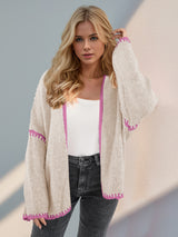 Double Take Contrast Open Front Dropped Shoulder Cardigan