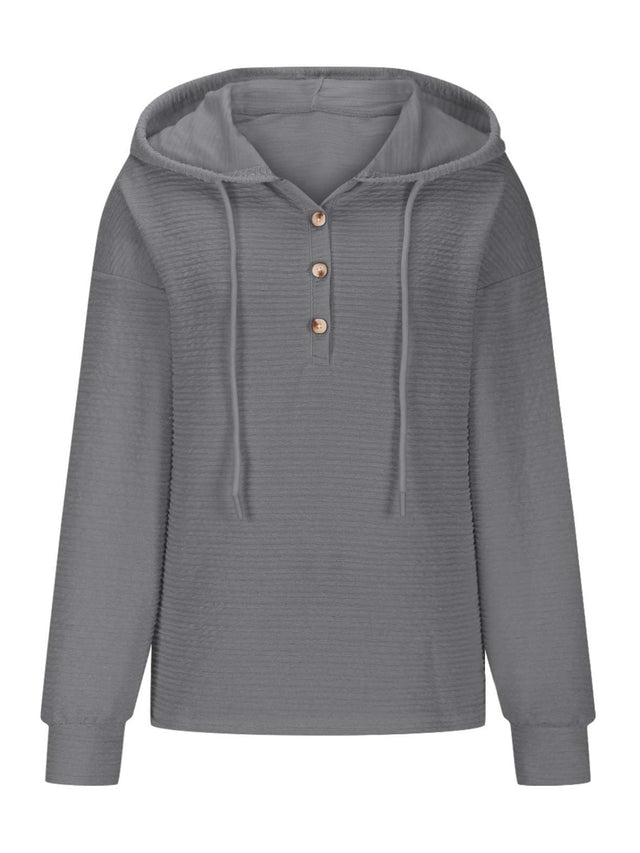 Drawstring Quarter Button Long Sleeve Hoodie | Hanalas