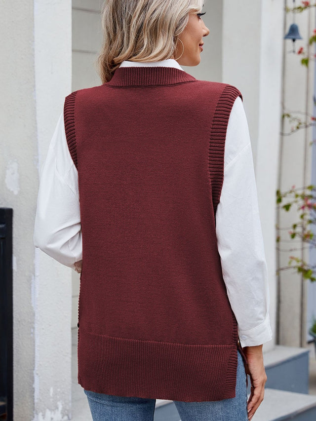 Buttoned Round Neck Sweater Vest | Hanalas