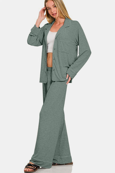 Zenana Button Down Long Sleeve Top and Pants Lounge Set | Hanalas