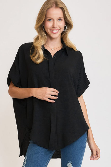 Umgee Full Size High-Low Button Up Short Sleeve Shirt | Hanalas