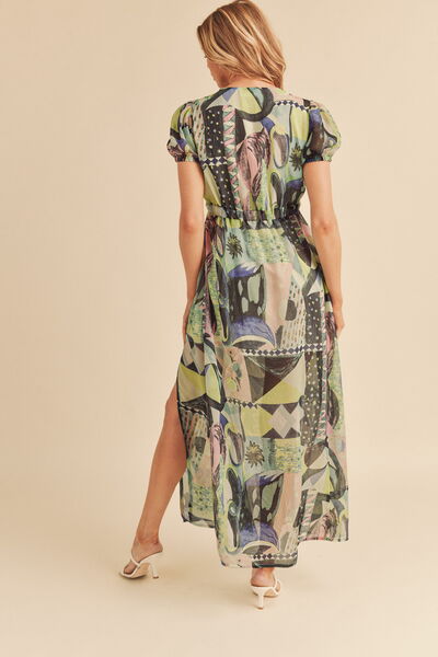 Aemi + Co Lace Detail Slit Geometric Print Short Sleeve Maxi Dress | Hanalas