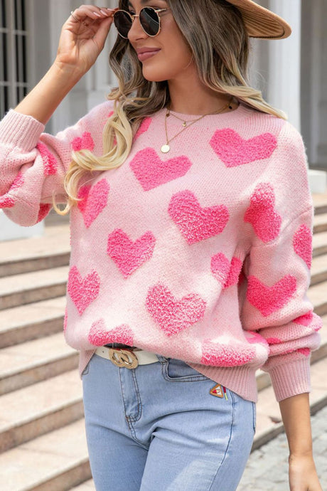 Valentine's Day Heart Jacquard Round Neck Sweater | Hanalas