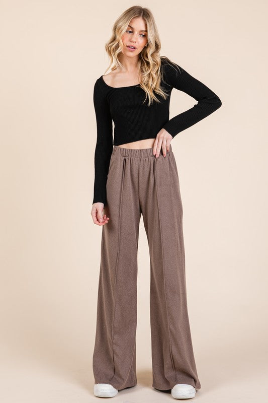 BOMBOM Elastic Waist Wide Leg Pants with Pockets | Hanalas