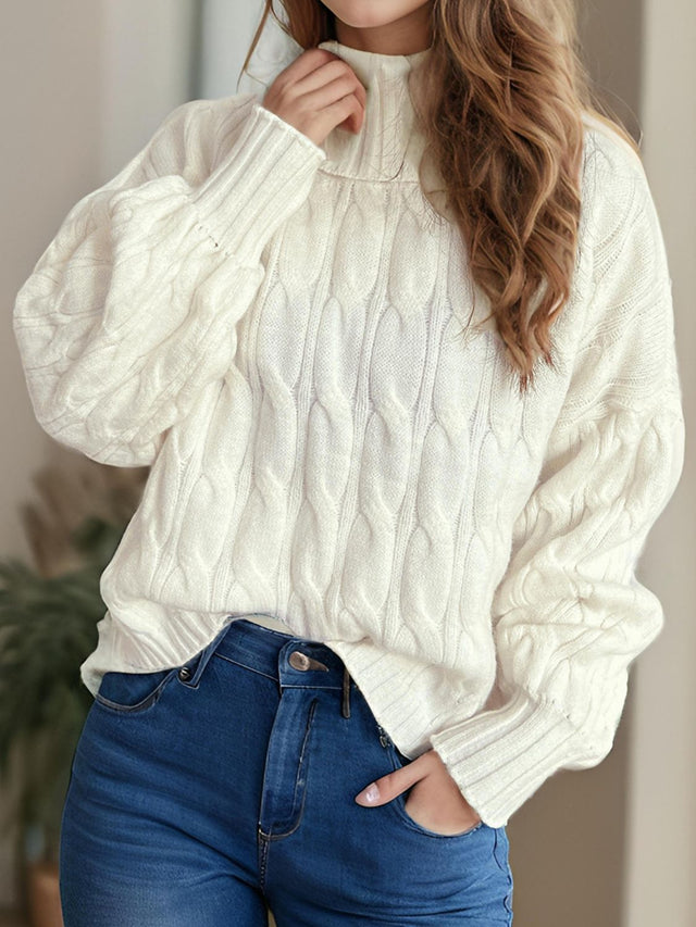 Cable-Knit Turtleneck Long Sleeve Sweater Trendsi Hanalas