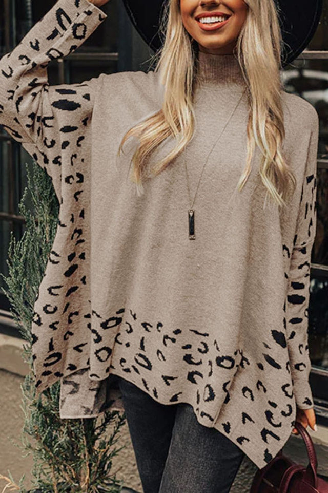 Slit Leopard Mock Neck Dropped Shoulder Sweater | Hanalas