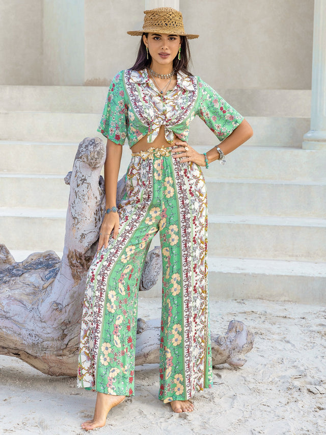 Printed Half Sleeve Top and Wide Leg Pants Set | Hanalas