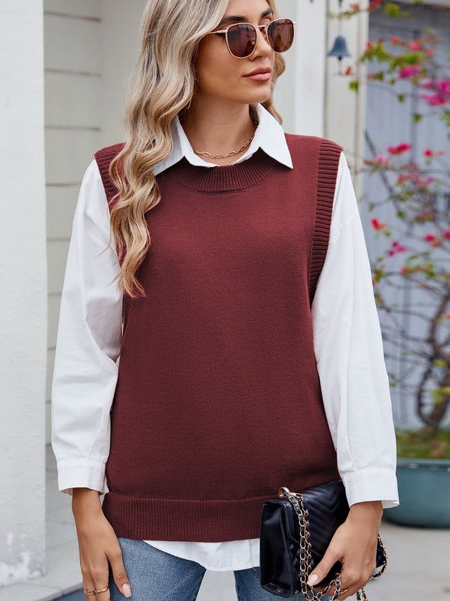 Buttoned Round Neck Sweater Vest | Hanalas