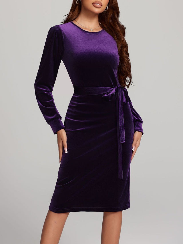 Round Neck Tie Waist Long Sleeve Velvet Dress | Hanalas