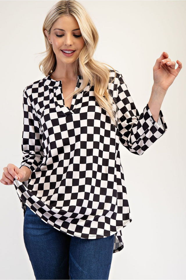 Celeste Full Size Curved Hem Checkered Notched Blouse | Hanalas