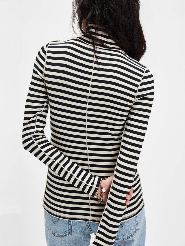 Exposed Seam Striped Turtleneck Long Sleeve T-Shirt | Hanalas