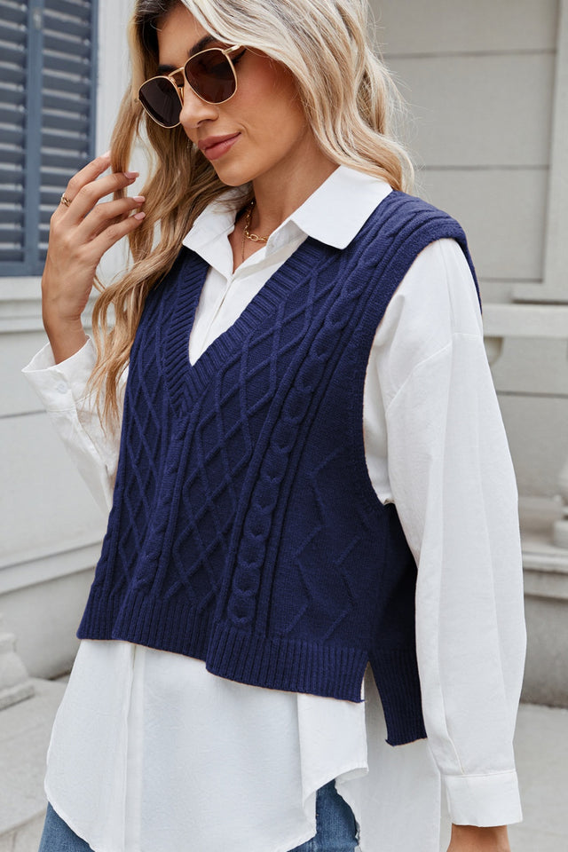 Cable-Knit V-Neck Sweater Vest | Hanalas