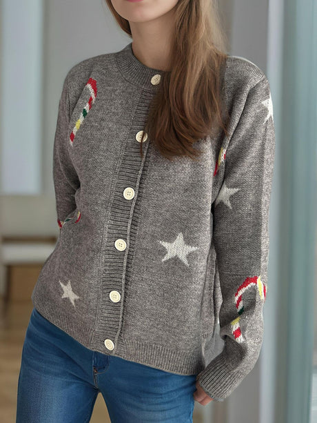 Candy Cane & Star Button Down Long Sleeve Cardigan Trendsi Hanalas