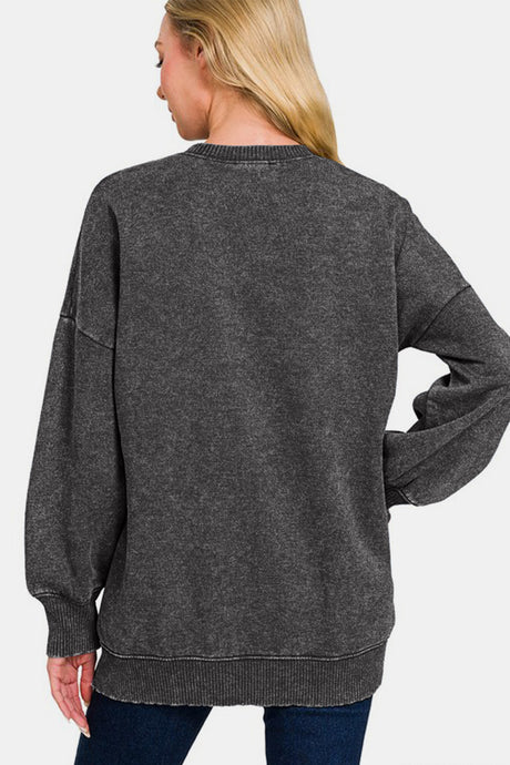 Zenana High-Low Acid Wash Fleece Sweatshirt | Hanalas