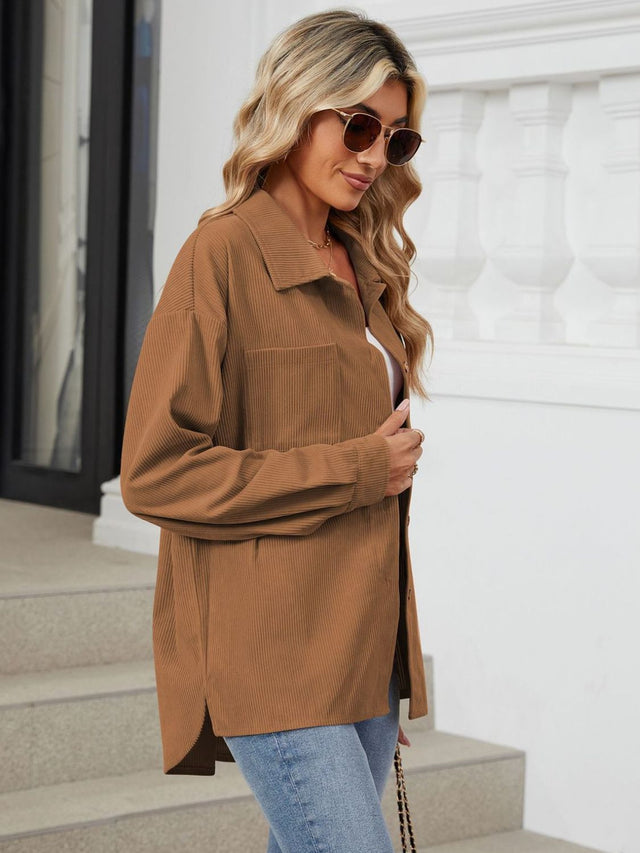 Button Up Long Sleeve Shirt with Breast Pockets Trendsi Hanalas