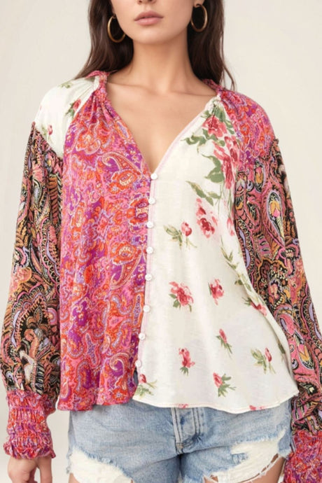 Frill Floral Shirred Cuff Long Sleeve Blouse | Hanalas