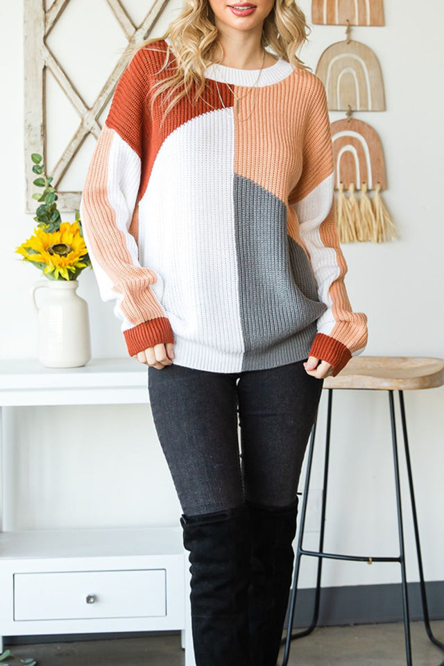 Color Block Drop Shoulder Long Sleeve Sweater | Hanalas