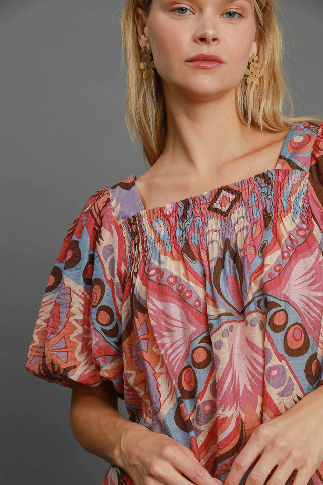 Umgee Full Size Abstract Print Smocked Square Neck Puff Sleeve Blouse | Hanalas