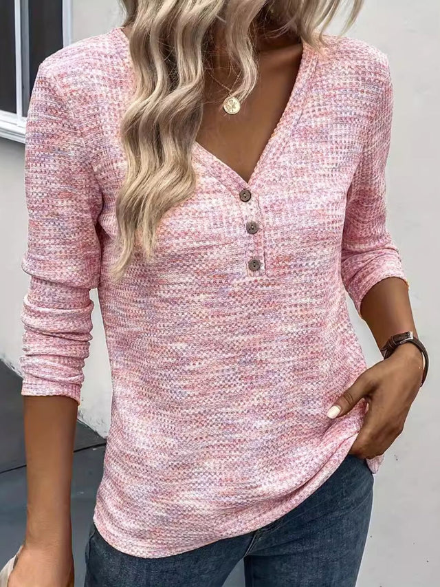 Button Detail V-Neck Long Sleeve Blouse | Hanalas