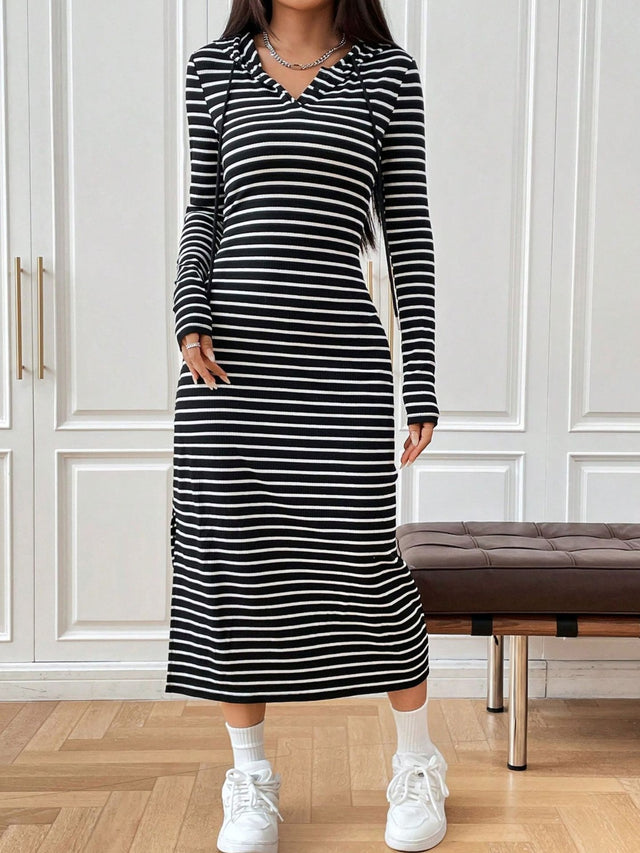 Drawstring Striped Long Sleeve Hooded Dress Trendsi Hanalas