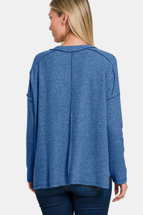 Zenana Full Size Exposed Seam Brushed Round Neck Sweater | Hanalas