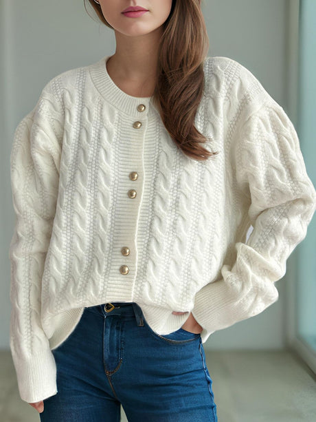 Cable-Knit Round Neck Long Sleeve Cardigan Trendsi Hanalas