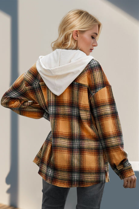 Double Take Drawstring Plaid Long Sleeve Hooded Shacket