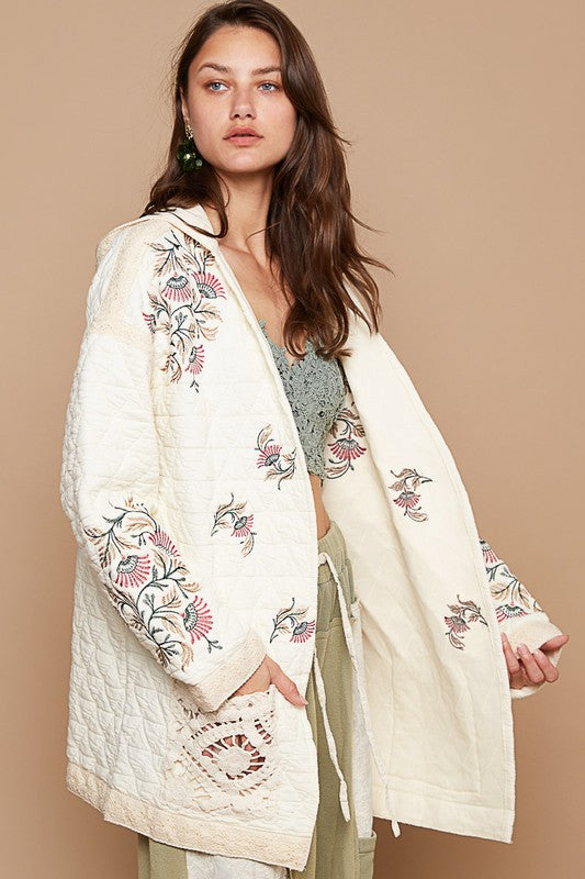 POL Embroidered Open Front Quilted Jacket with Crochet Pockets | Hanalas